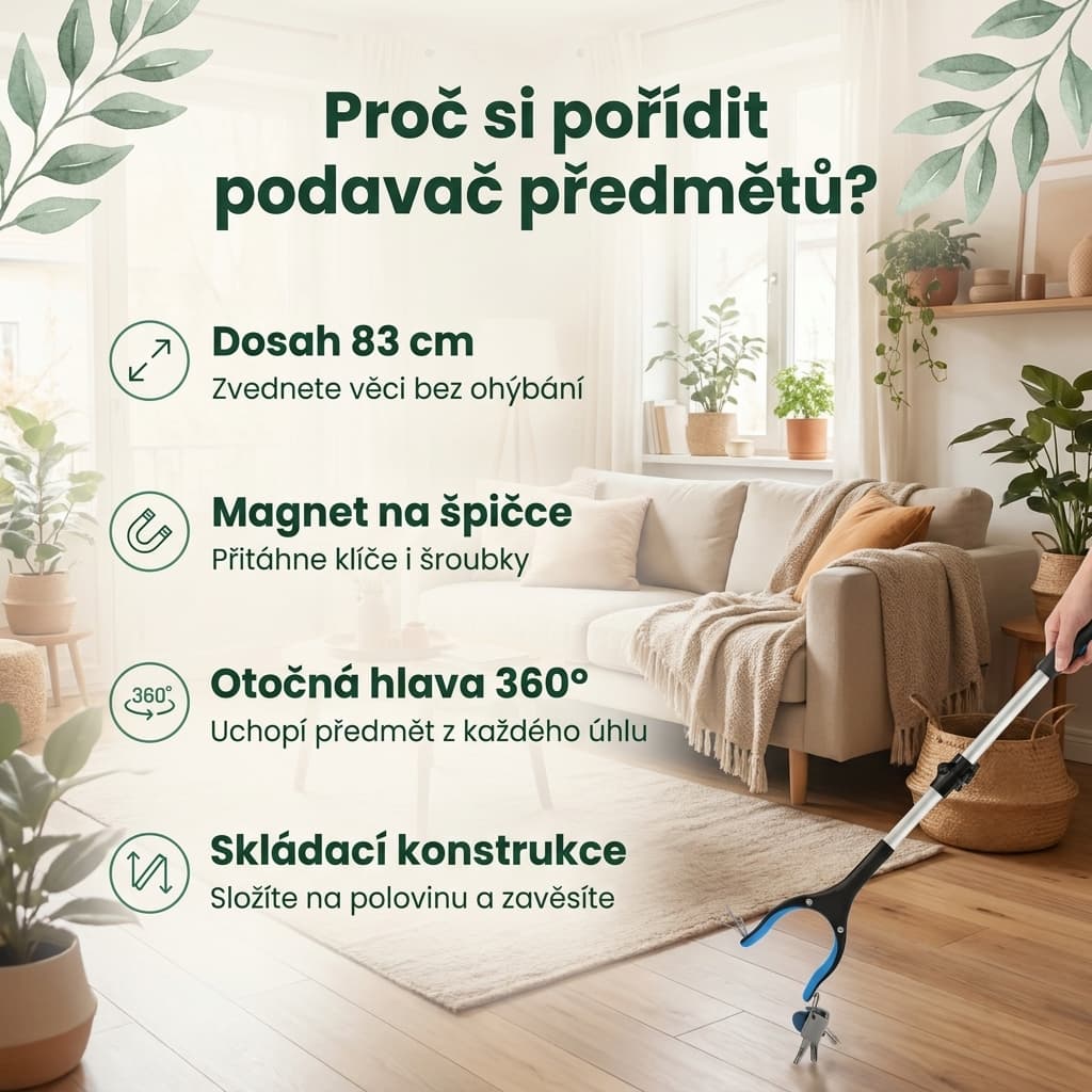 Podavač předmětů s magnetem, otočnou hlavou 360° a skládací konstrukcí